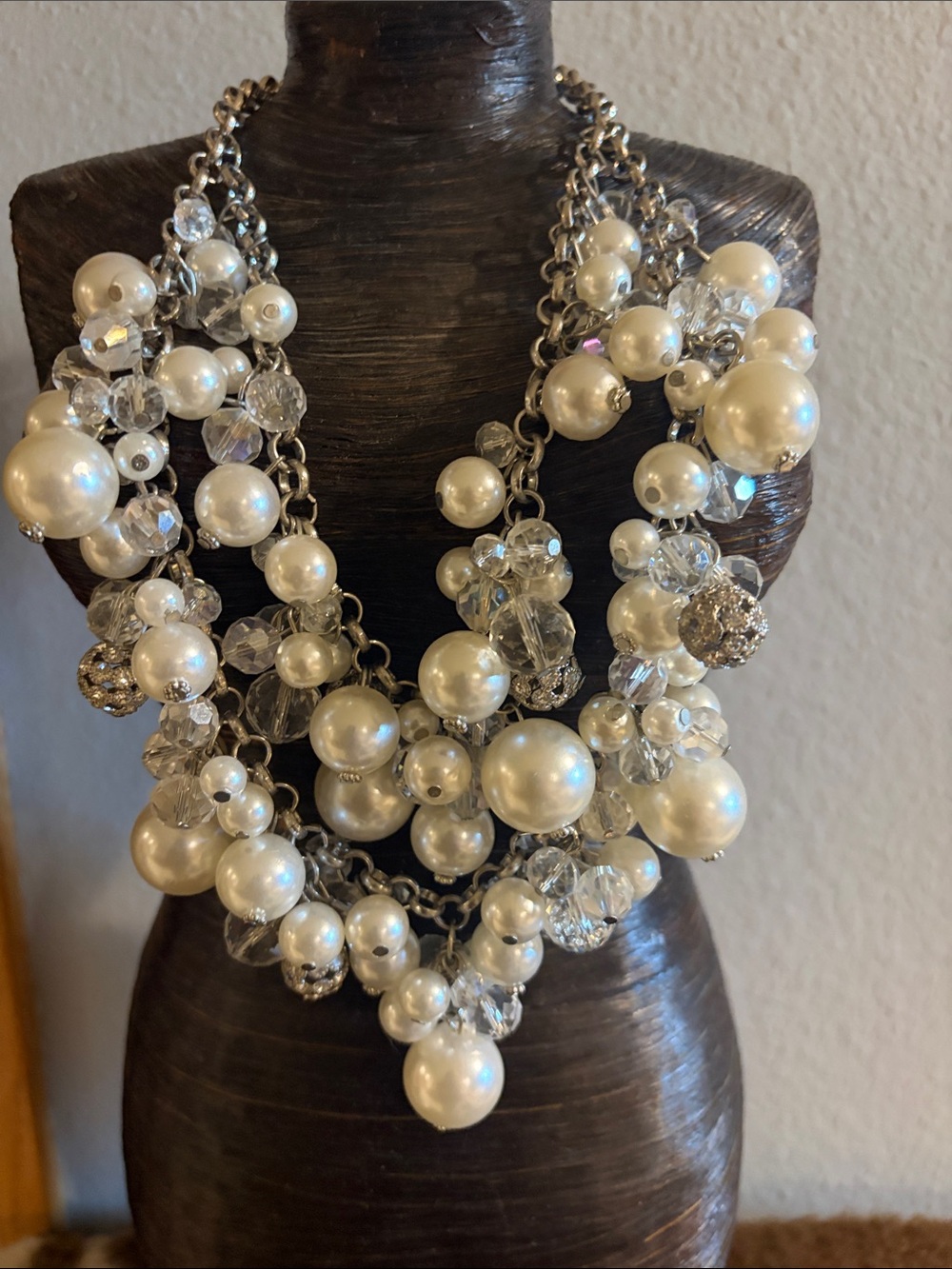 Statement faux Pearl & faux Crystal two layer Strand Necklace